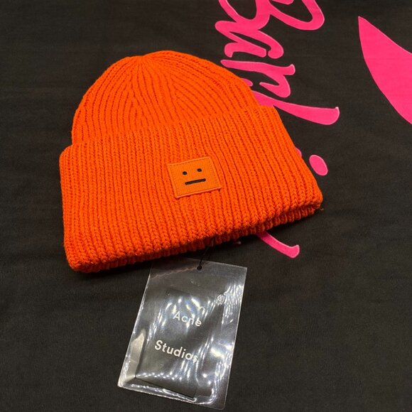 Acne Orange Embroidered Patch Expression Knitted Hat